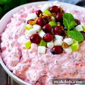 A festive Cranberry Salad, generously garnished with fresh cranberries, mini marshmallows, crunchy pecans, and diced apples for a perfect holiday side.