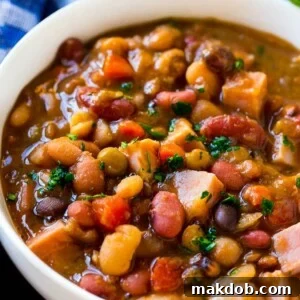 This ham bone soup is generously loaded with beans and veggies, offering the perfect way to utilize leftover ham.
