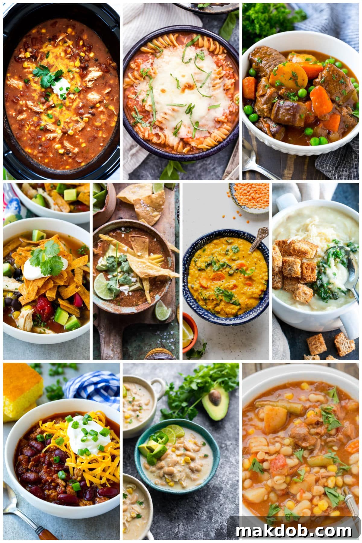 Effortless Slow Cooker Soups 14 A diverse assortment of slow cooker soups, showcasing beef stew, rich beef and vegetable soup, and creamy pesto potato soup, highlighting delicious options for every taste.