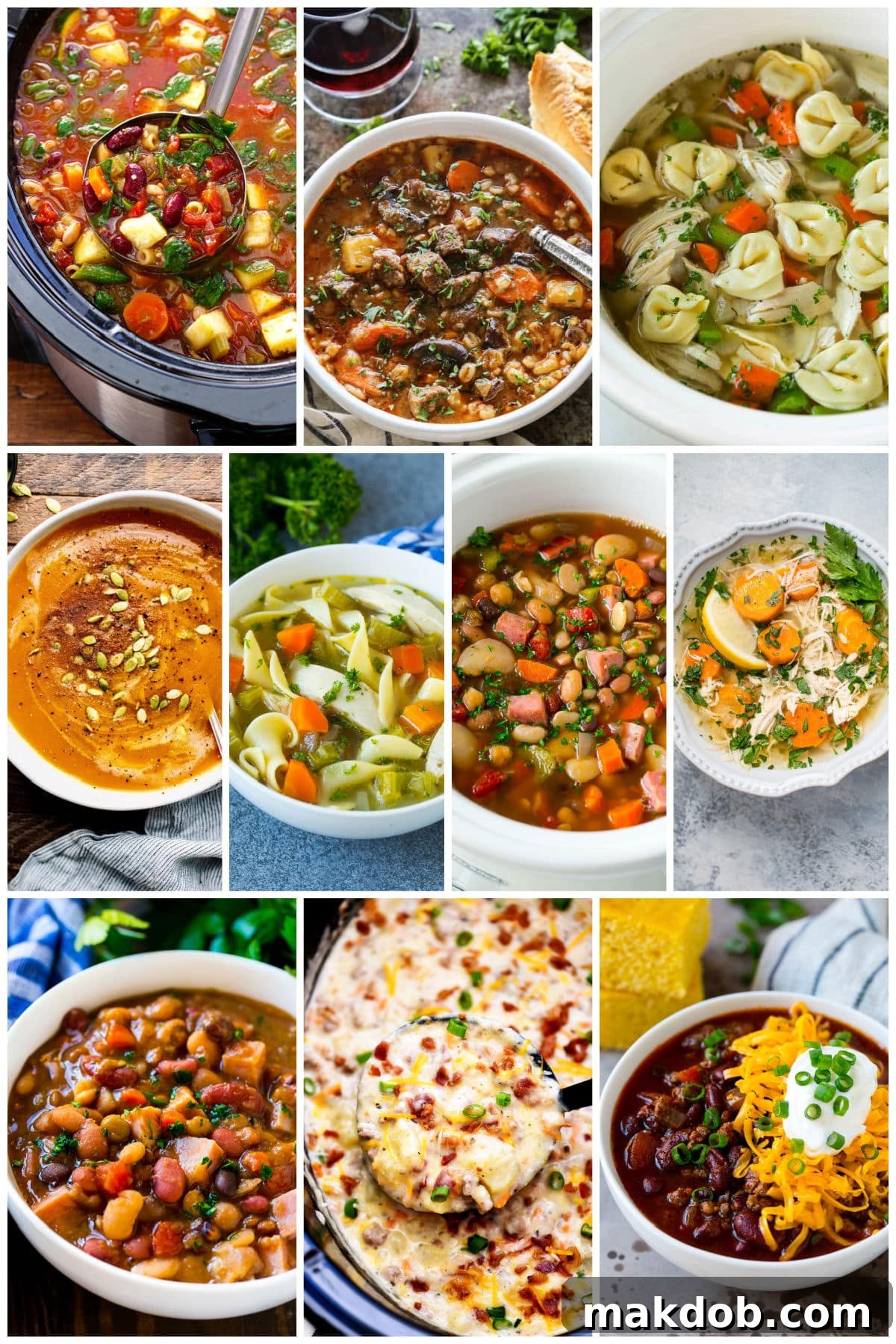 Effortless Slow Cooker Soups 3 A vibrant collection of slow cooker soup recipes, featuring autumn squash soup, ham bone soup, and creamy chicken tortellini soup, showcasing the versatility of crock pot cooking.