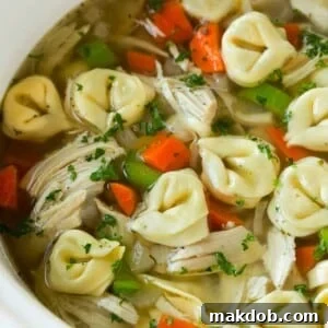 A slow cooker filled with creamy chicken tortellini soup, ready to be served.