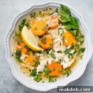 A vibrant bowl of lemon chicken orzo soup with carrots and a fresh lemon wedge.