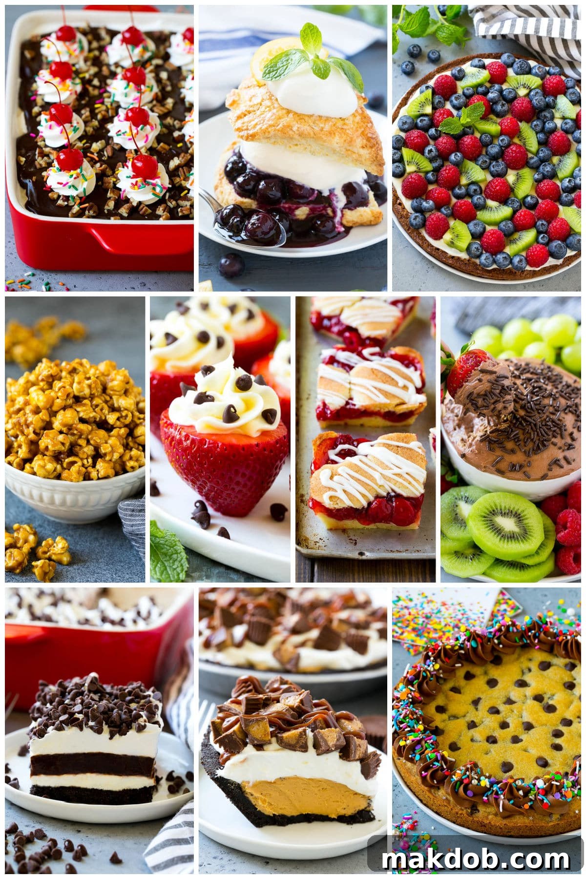 A group of summer dessert recipes like cherry bars, brownie pizza and blueberry shortcake.