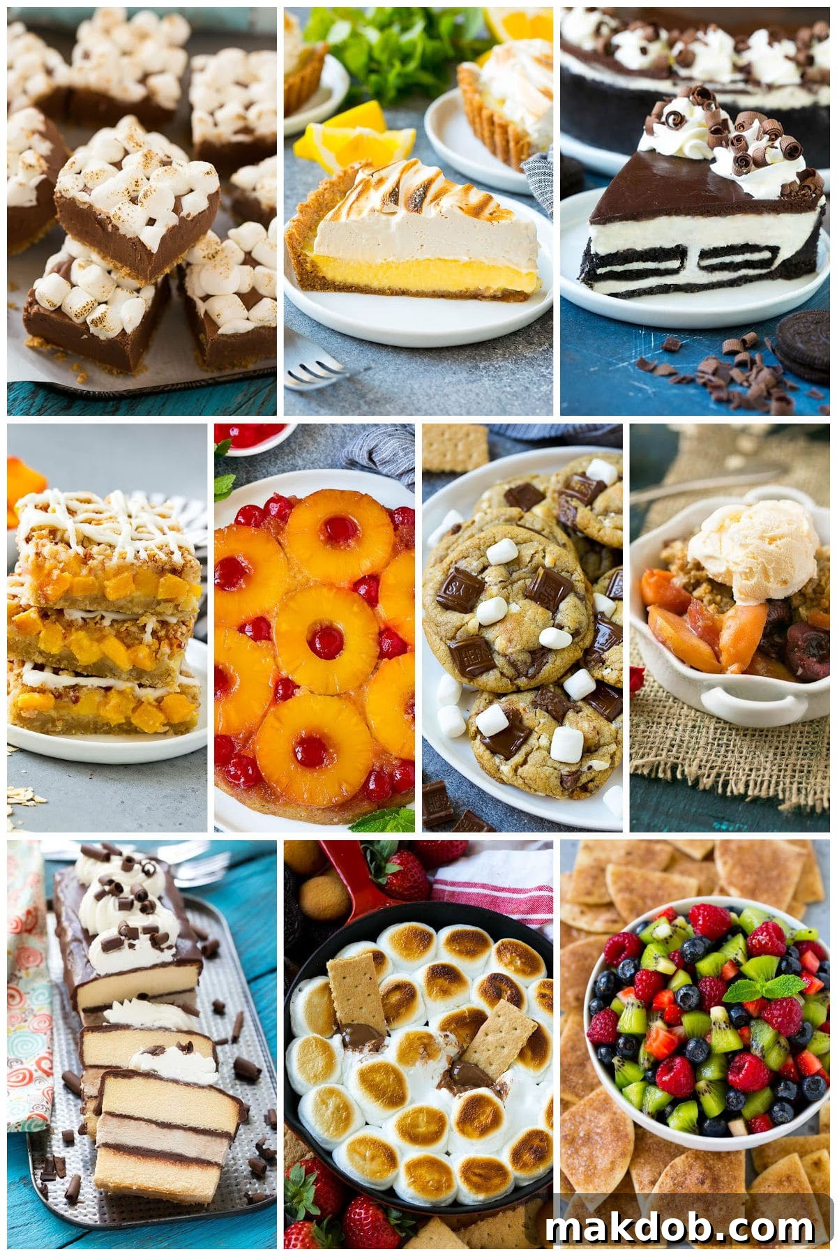 A group of summer dessert recipes like s'mores dip, peach crumble bars and fruit salsa.