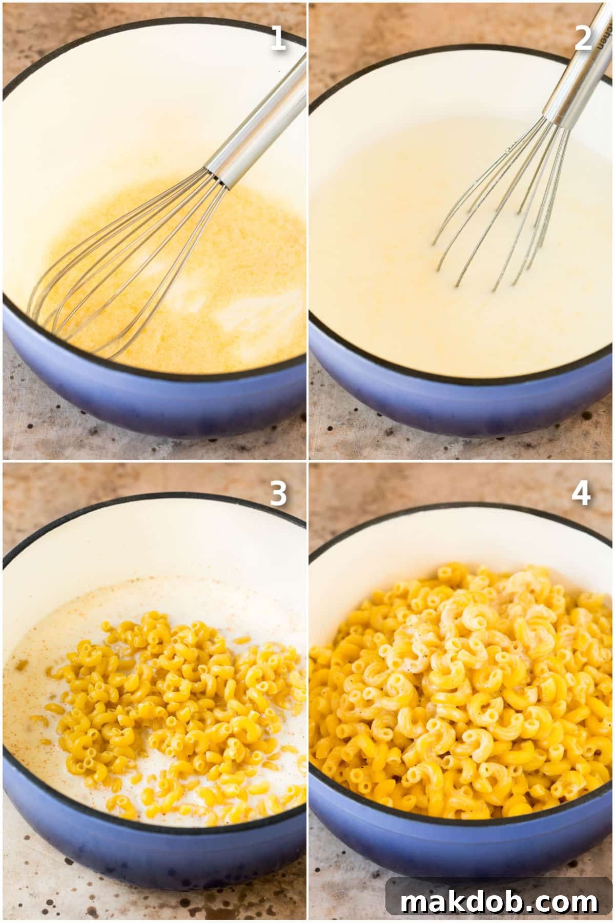 One-Pan Creamy Mac 4 Process shots showing how to cook macaroni in a white sauce.