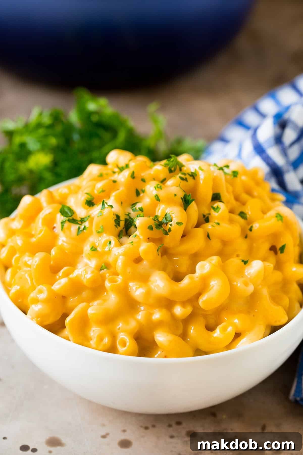 One-Pan Creamy Mac 6 A bowl of stovetop mac and cheese topped with parsley.