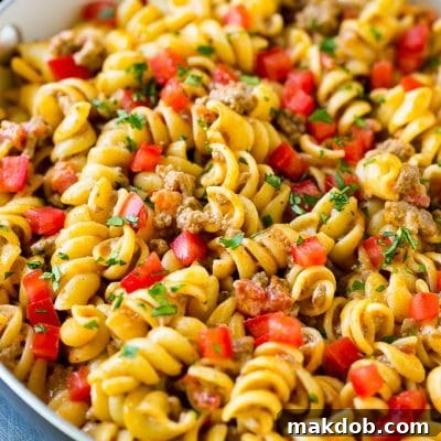 This taco pasta is loaded with ground beef, cheese and tomatoes, then garnished with fresh cilantro.