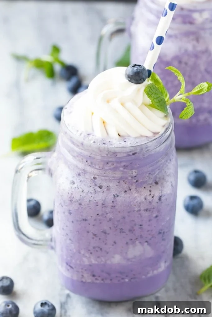 A vibrant and cool blueberry milkshake, an ideal healthy summer drink.