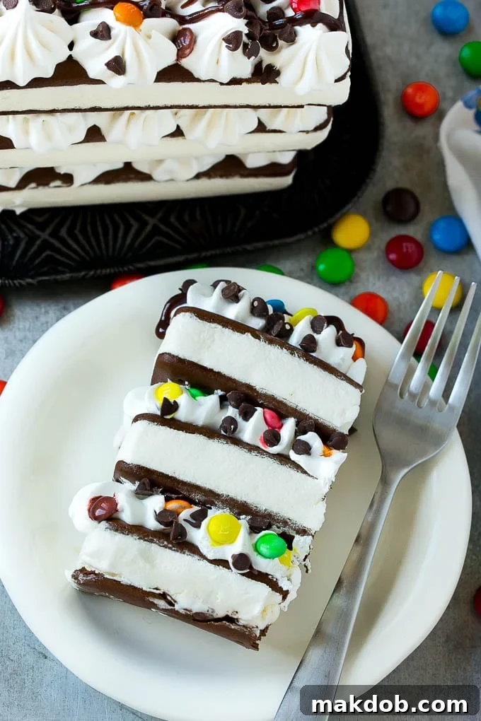 A perfectly sliced portion of ice cream sandwich cake showing all the delicious layers.