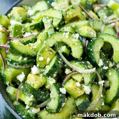 Cucumber feta salad with avocado, dill and red onions, all tossed in a Greek style dressing.