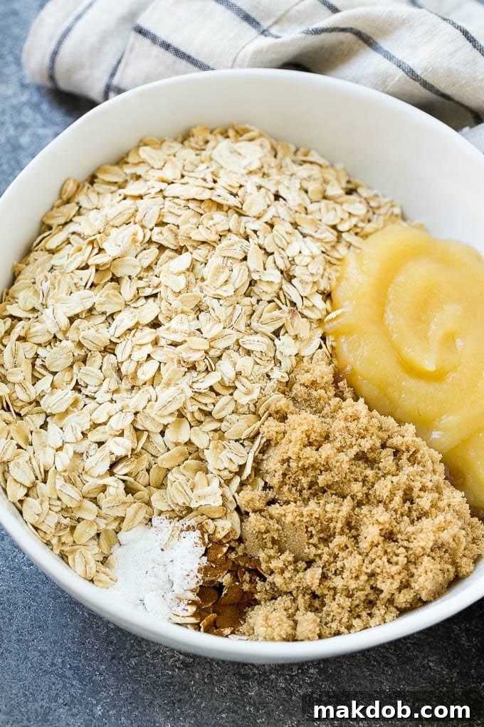 A bowl of oats, applesauce, brown sugar, cinnamon and baking powder.