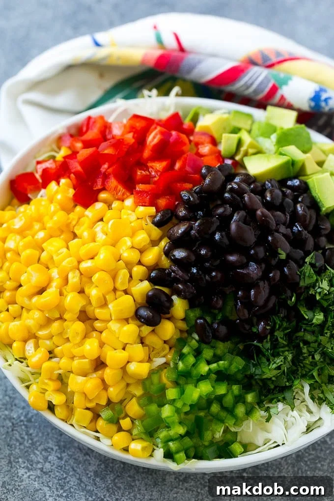 Mexican Coleslaw Recipe | Southwestern Coleslaw | Easy Coleslaw #coleslaw #mexicanfood #salad #dinneratthezoo A bowl of shredded cabbage, corn, black beans, red peppers, jalapeno and avocado.