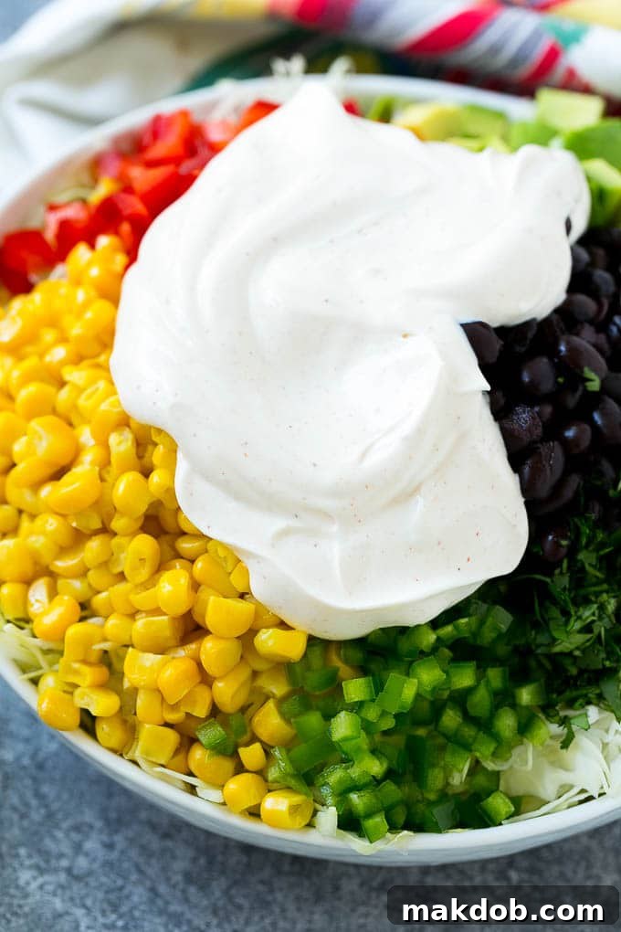 Mexican Coleslaw Recipe | Southwestern Coleslaw | Easy Coleslaw #coleslaw #mexicanfood #salad #dinneratthezoo A bowl of cabbage and vegetables topped with Mexican coleslaw dressing.
