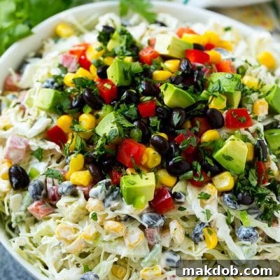 Mexican coleslaw made with cabbage, black beans, corn, red pepper and avocado, tossed in a creamy dressing.