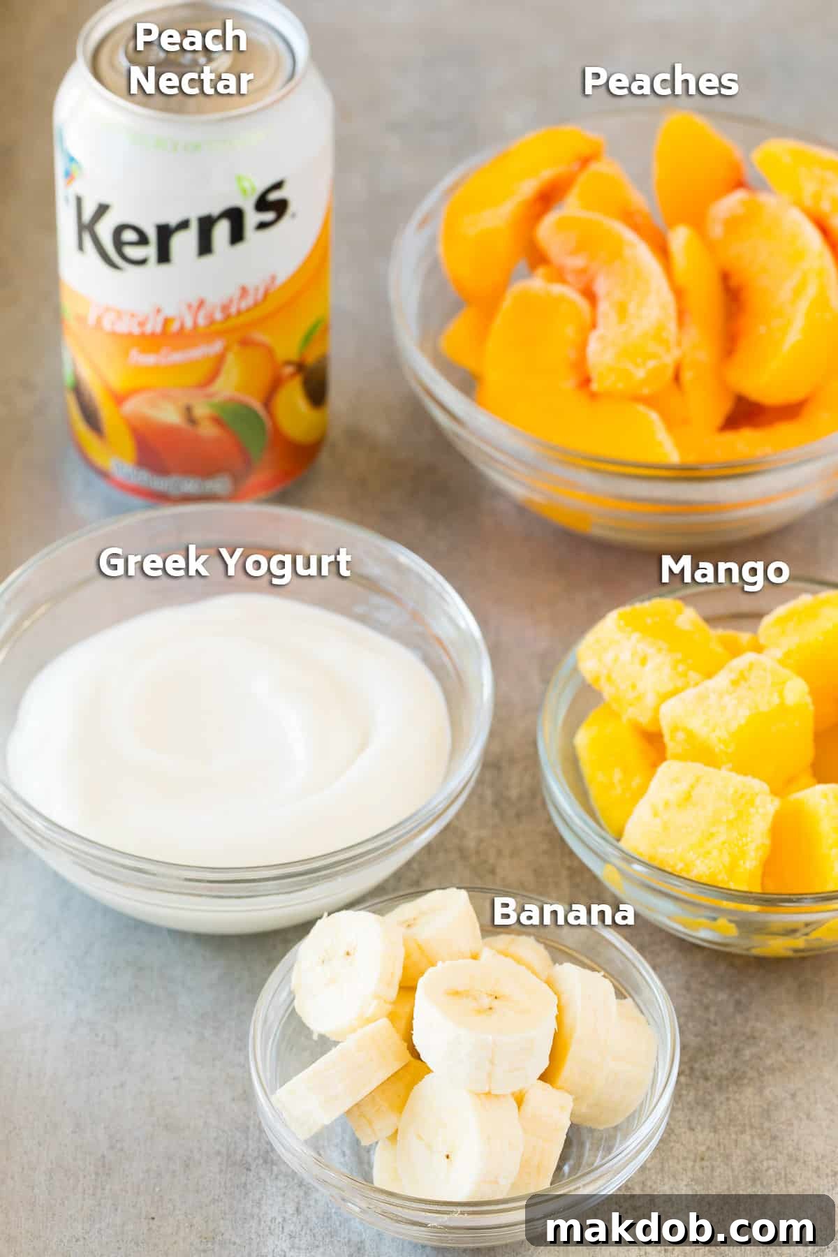 Ingredients including frozen fruit, yogurt and juice.