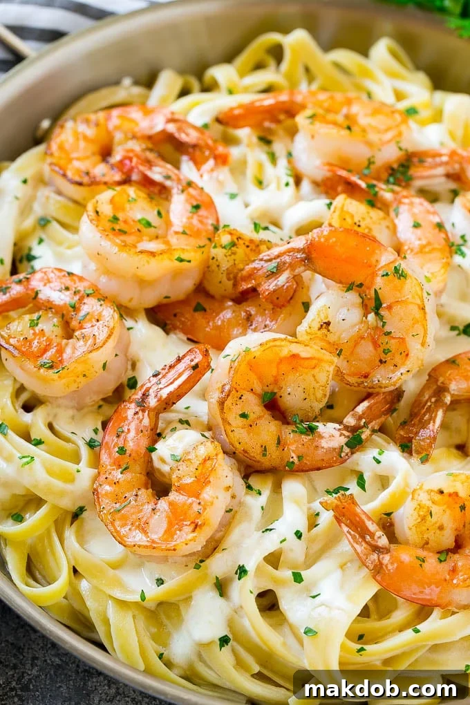 Shrimp Alfredo Recipe | Shrimp Alfredo Pasta | Shrimp Fettuccine Alfredo #shrimp #pasta #italianfood #dinneratthezoo Shrimp alfredo in a skillet, topped with chopped parsley.