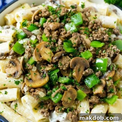 Philly cheesesteak pasta with ground beef, mushrooms and peppers.