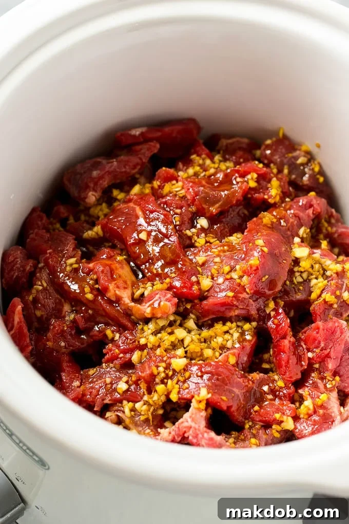 Sliced flank steak topped with a garlic, ginger and soy sauce.