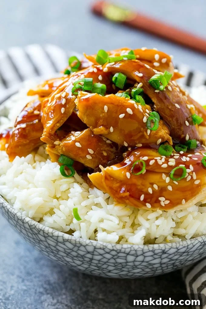 Effortless Slow Cooker Teriyaki Chicken 5 A bowl of rice topped with shredded crock pot teriyaki chicken.