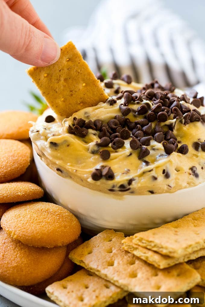 A golden graham cracker gracefully dipping into a pristine bowl of homemade cookie dough dip, highlighting the perfect texture and the rich chocolate chips within.