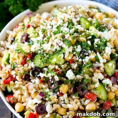 Mediterranean Farro Feta Salad 2 Farro salad made with cucumber, feta cheese, olives and peppers, topped with parsley.