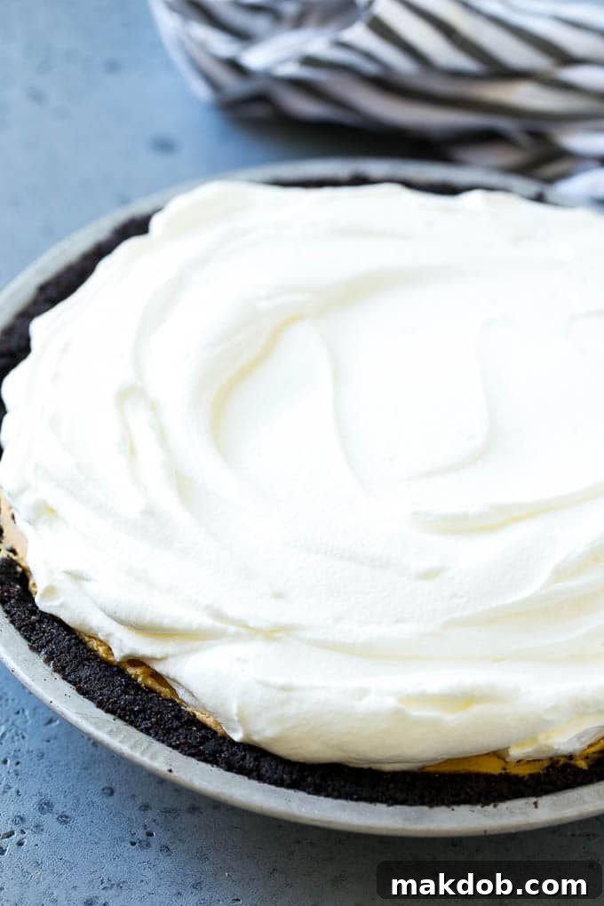 A generous swirl of freshly whipped cream topping a rich peanut butter tart, ready for garnishes.