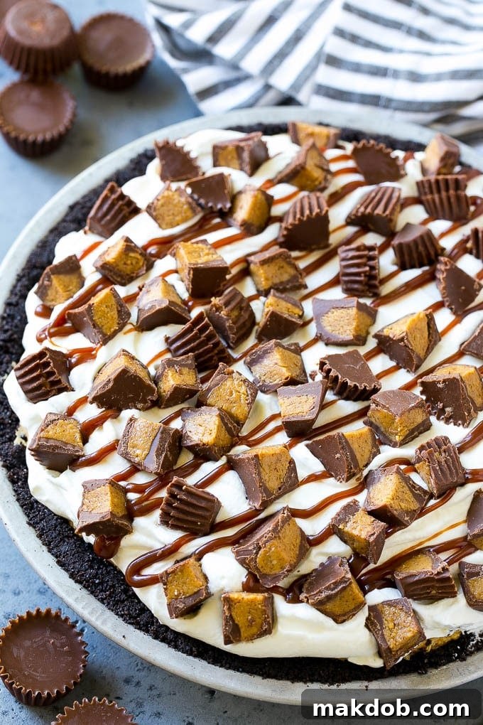 A stunning whole chocolate peanut butter pie with a cookie crust, smooth peanut butter filling, a generous topping of whipped cream, and scattered chopped peanut butter cups.