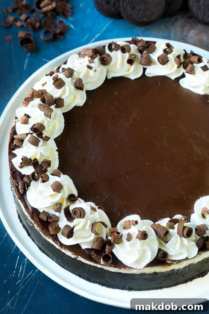 Ultimate No-Bake Oreo Cheesecake 6 A beautifully garnished no bake Oreo cheesecake, featuring a rich chocolate ganache topping, delicate swirls of whipped cream, and elegant chocolate curls.