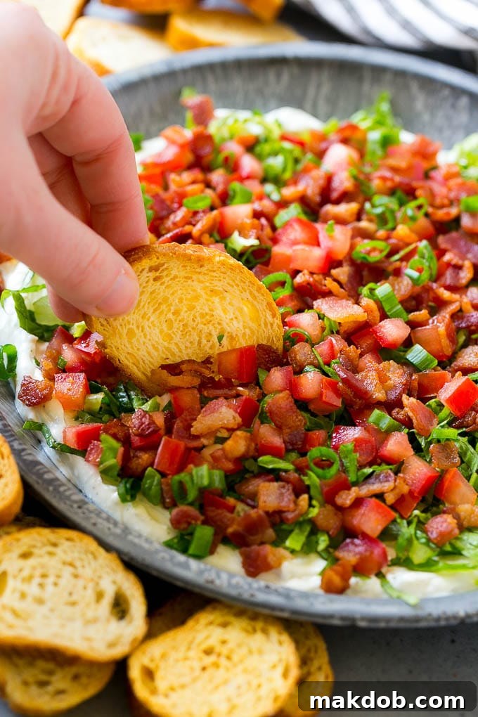 The Ultimate BLT Dip 2 A vibrant BLT dip featuring creamy ranch base, topped with crispy bacon, fresh romaine lettuce, diced tomatoes, and sliced green onions.