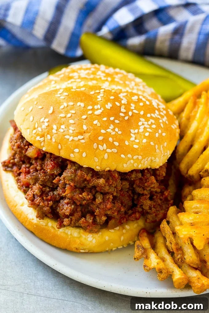 Slow Cooker Sloppy Joes Recipe | Crock Pot Sloppy Joes | Homemade Sloppy Joes #beef #slowcooker #crockpot #sandwich #dinneratthezoo Slow cooker sloppy joes on a bun served with fries and pickles.