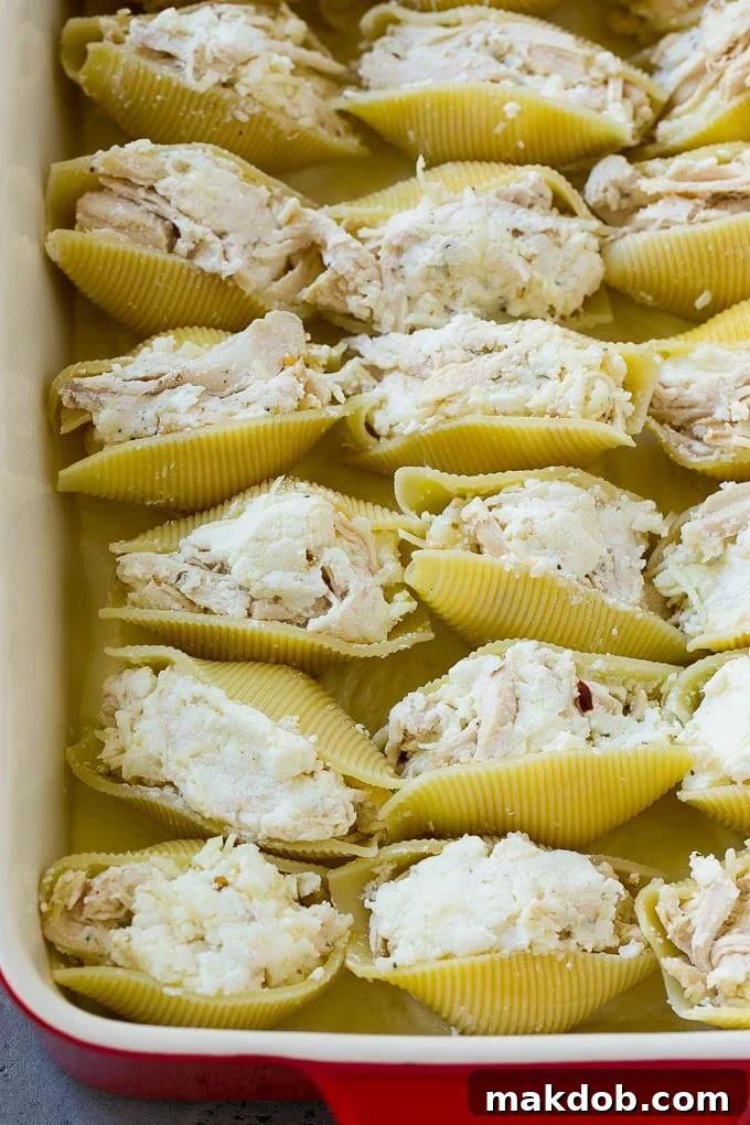 Shell pasta stuffed with a chicken and cheese mixture.