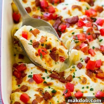 Chicken alfredo stuffed shells topped with bacon, tomatoes and parsley.