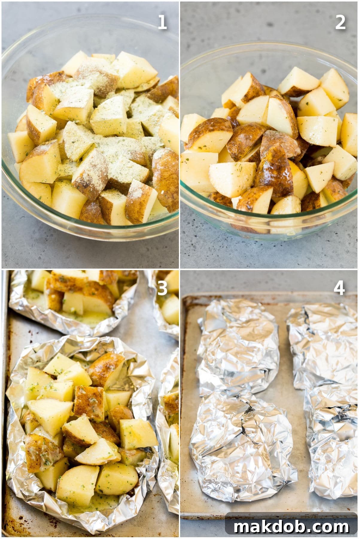 Grill-Wrapped Potatoes 4 Step by step process shots showing how to grill potatoes in foil packets.