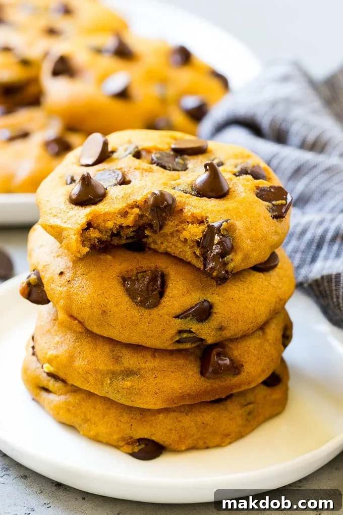 Stack of Pumpkin Chocolate Chip Cookies A beautiful stack of soft pumpkin chocolate chip cookies, ready to be enjoyed.