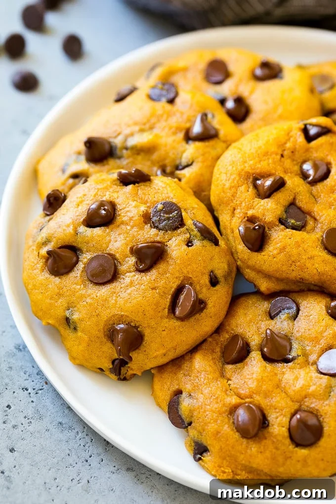 Plate of Pumpkin Chocolate Chip Cookies A plate brimming with freshly baked pumpkin chocolate chip cookies, showcasing their inviting texture and rich color.