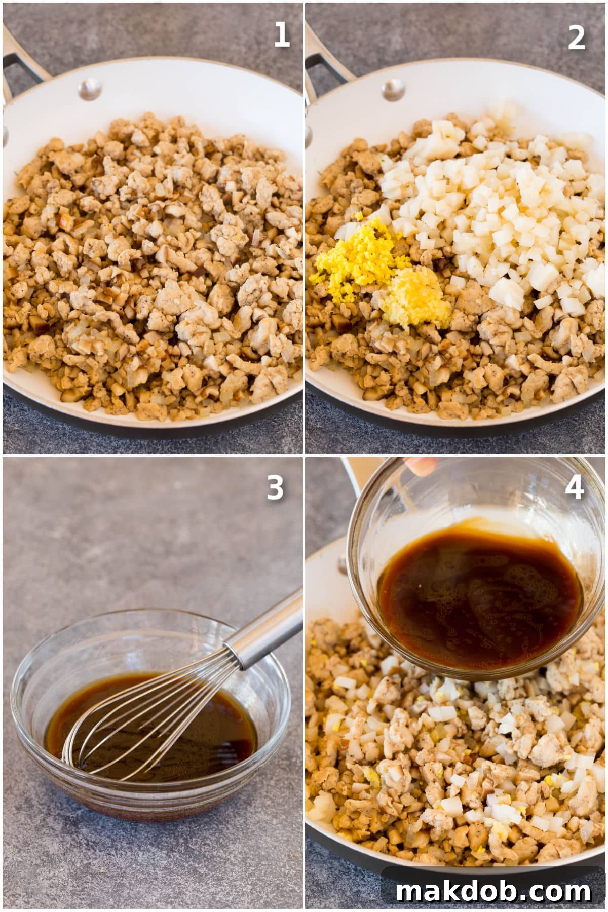 Step-by-step cooking process, showcasing browning ground chicken, sautéing vegetables, and mixing with the savory sauce in a skillet.