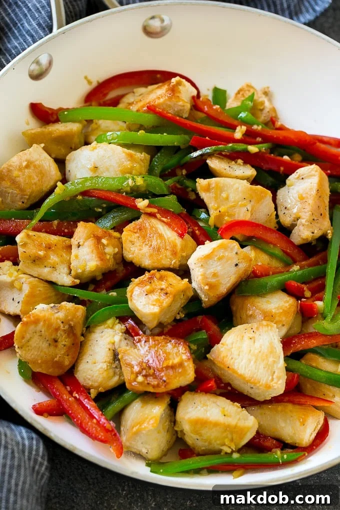 Chicken, bell peppers, garlic and ginger in a skillet.