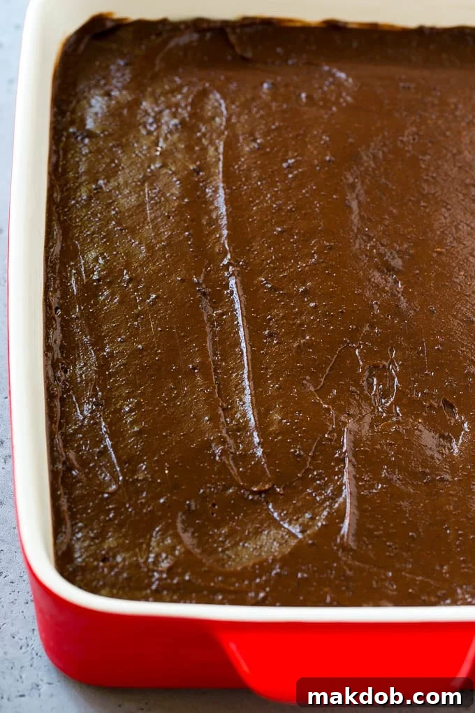 A smooth, dark chocolate pudding layer spread over a lighter cream cheese layer in a rectangular baking dish, part of a chocolate lasagna dessert.