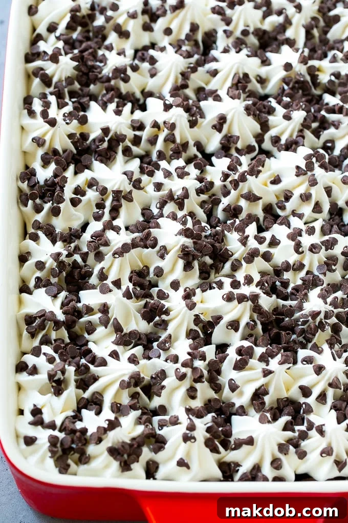 A pan filled with beautifully layered chocolate lasagna, topped generously with fluffy white whipped cream and a sprinkle of miniature chocolate chips, ready for chilling.