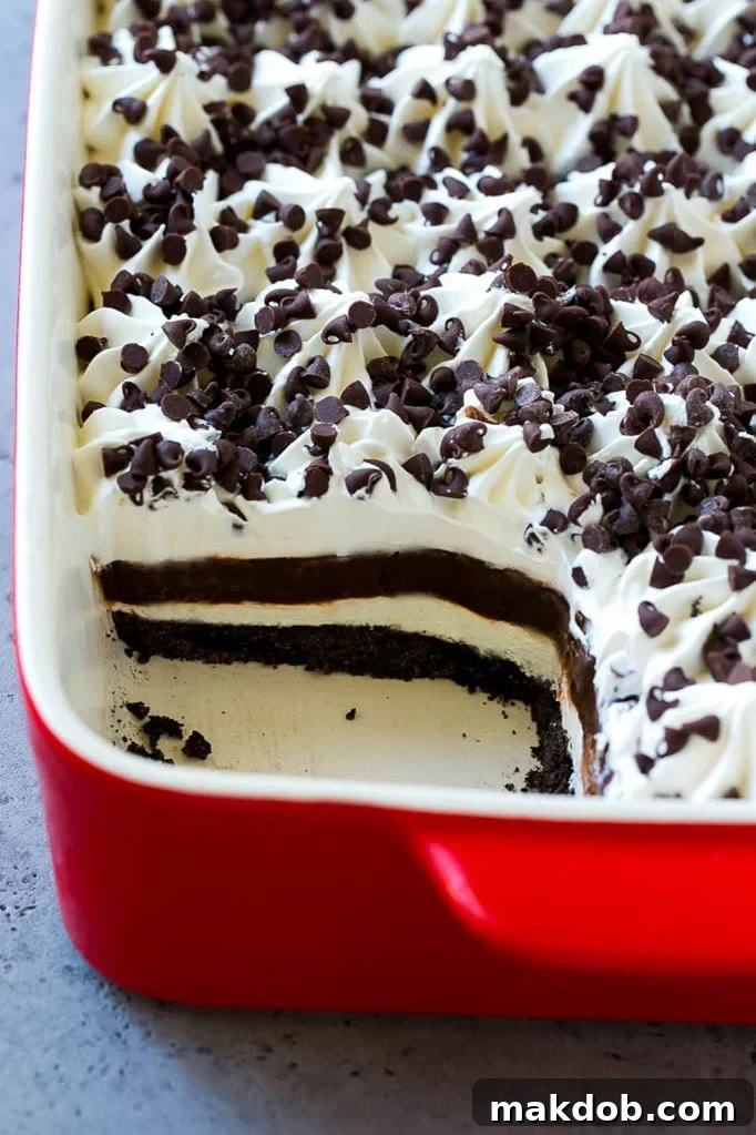 A rectangular baking dish, partly empty, with a section of the chocolate lasagna removed, showing the remaining dessert perfectly sliced into squares with visible layers.