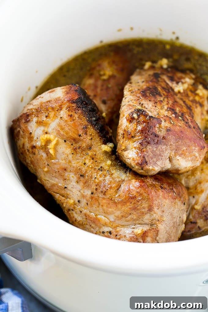 Slow Cooker Pork Tenderloin Recipe | Crock Pot Pork Tenderloin | Easy Pork Tenderloin #slowcooker #crockpot #pork #dinner #dinneratthezoo Seared pork tenderloin in a slow cooker with seasonings.