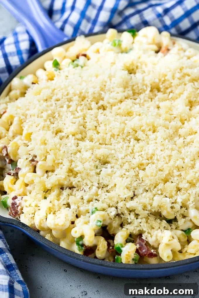 Macaroni and cheese topped with panko breadcrumbs and parmesan cheese.