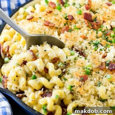 A skillet of jalapeno popper mac and cheese topped with crispy breadcrumbs, cilantro and bacon.