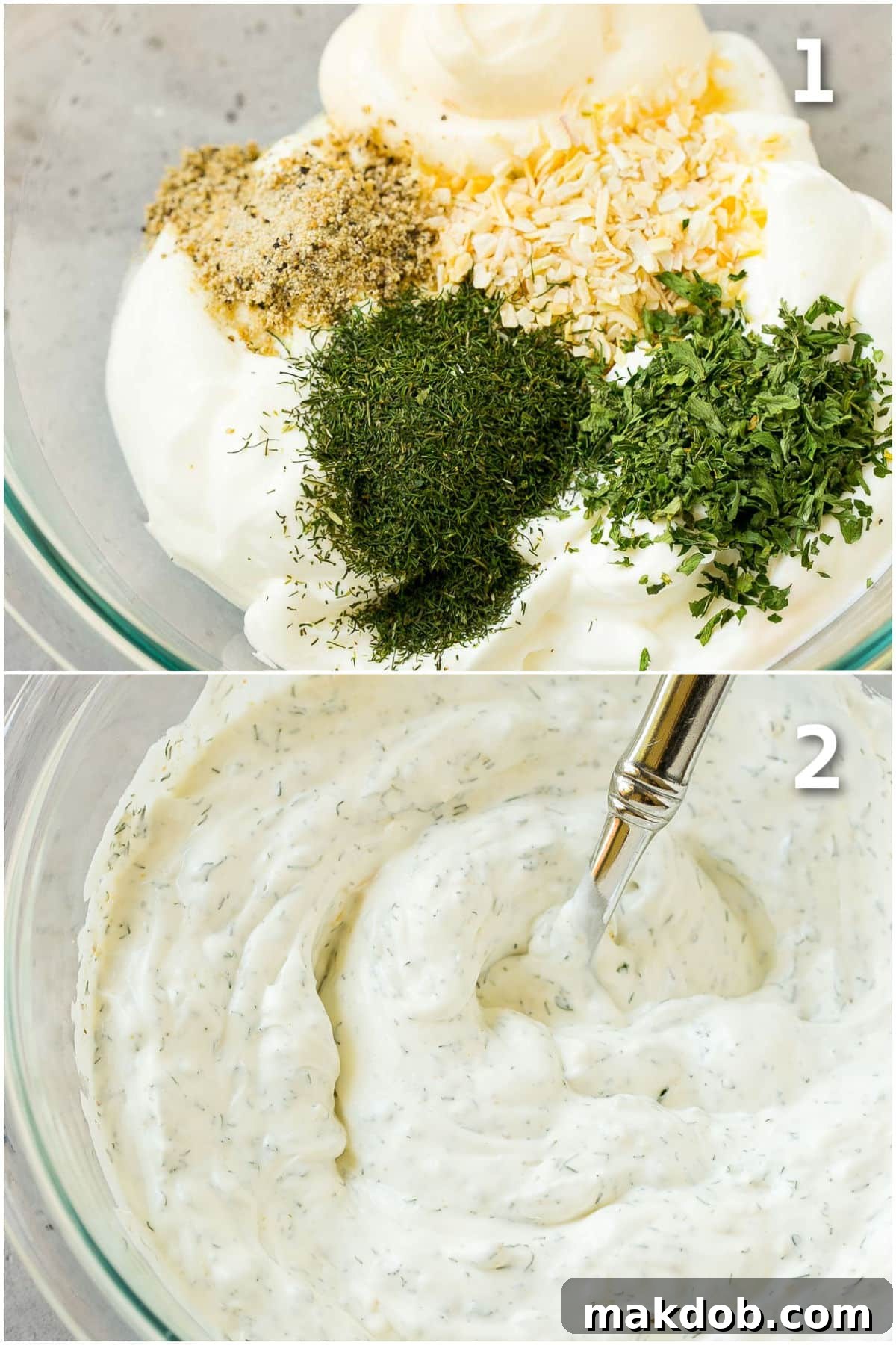 Creamy Dill Delight 4 Step by step shots showing how to stir together the ingredients.