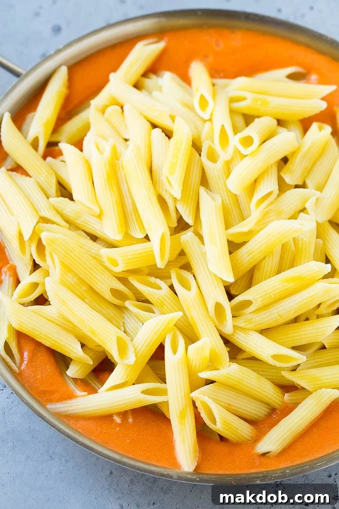 Penne pasta in a creamy tomato vodka sauce.
