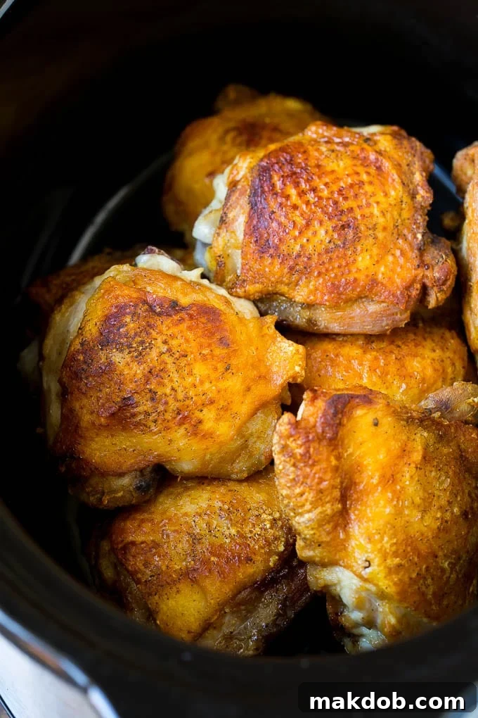 Slow Cooker Chicken Cacciatore Recipe | Italian Chicken #chicken #crockpot #slowcooker #dinner #italianfood #peppers #dinneratthezoo Browned chicken thighs in a crock pot.