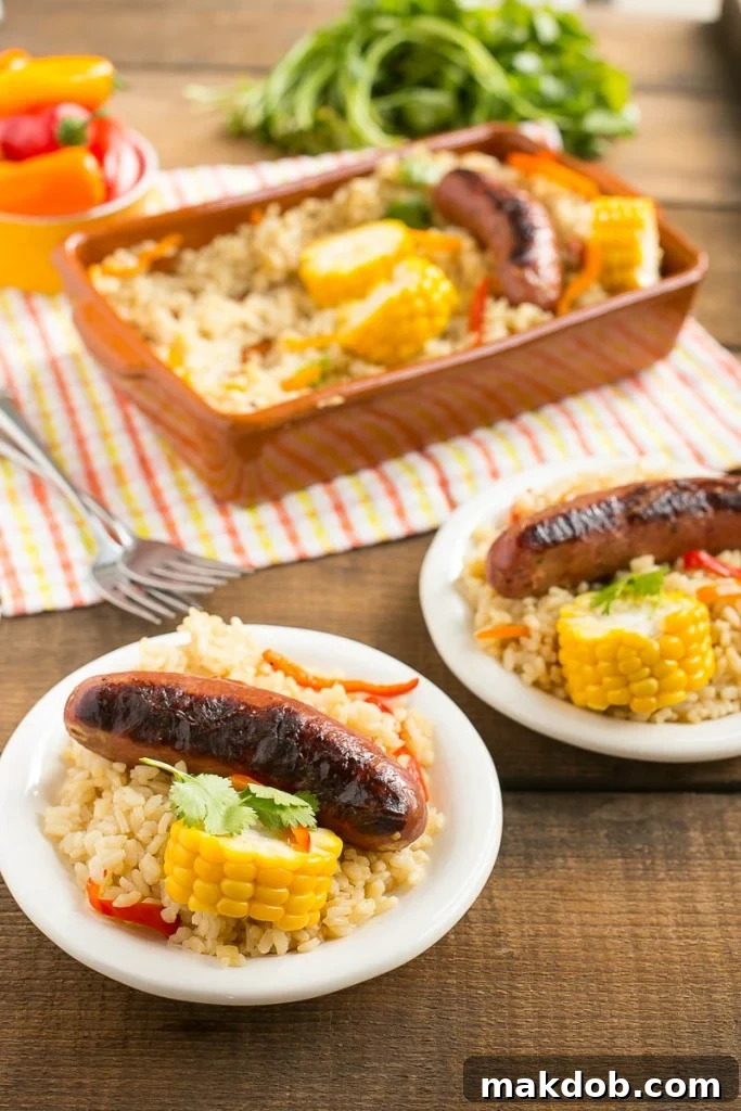 A large skillet filled with a freshly baked One Pot Sausage and Rice Casserole, garnished with fresh cilantro.