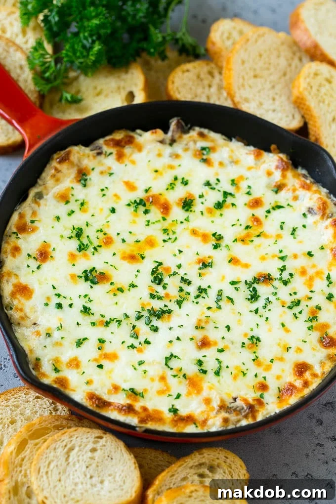 Philly Cheesesteak Dip Recipe | Cheesy Dip | Baked Cheese Dip #steak #dip #appetizer #cheese #dinneratthezoo A skillet of baked Philly cheesesteak dip with melted cheese and parsley on top.