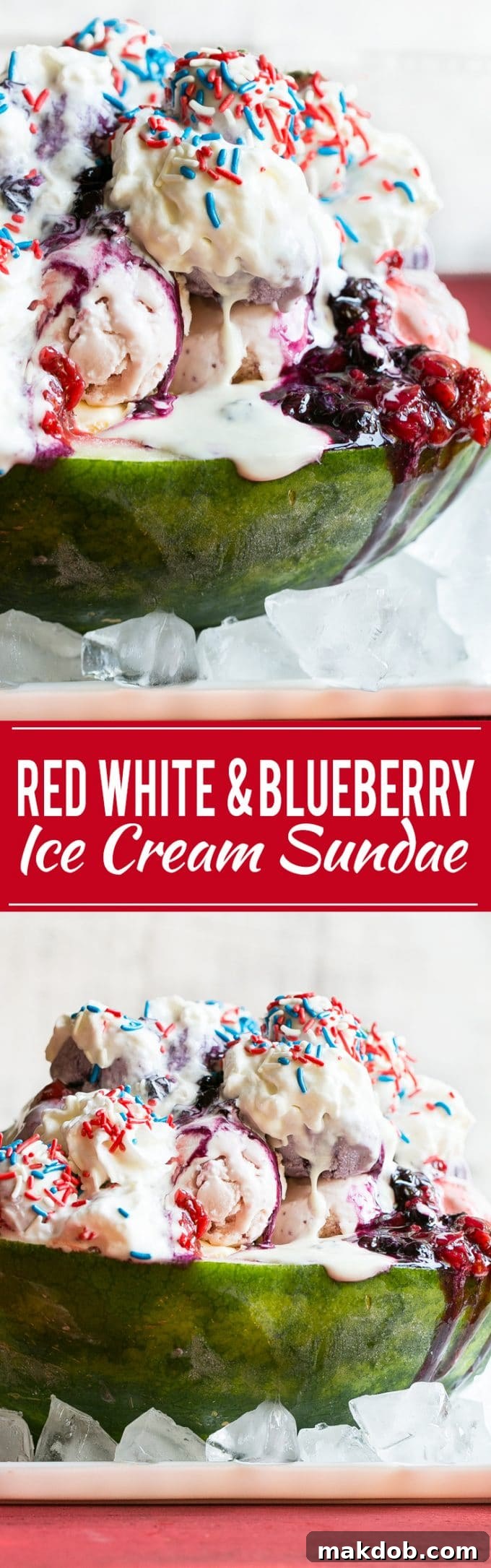 Red White and Blueberry Sundae, Watermelon Sundae, Homemade Berry Sauces, Festive Dessert