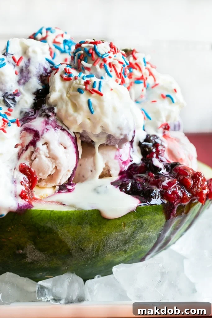 Red White and Blueberry Sundae with scoops of vanilla, strawberry, and blueberry ice cream